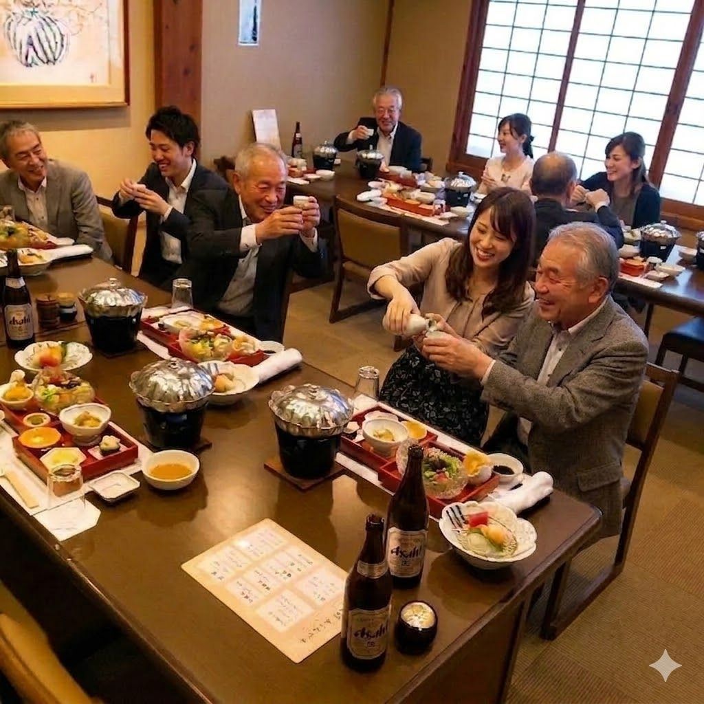 料亭での宴会シーン — コンパニオンがお酌するご宴席
